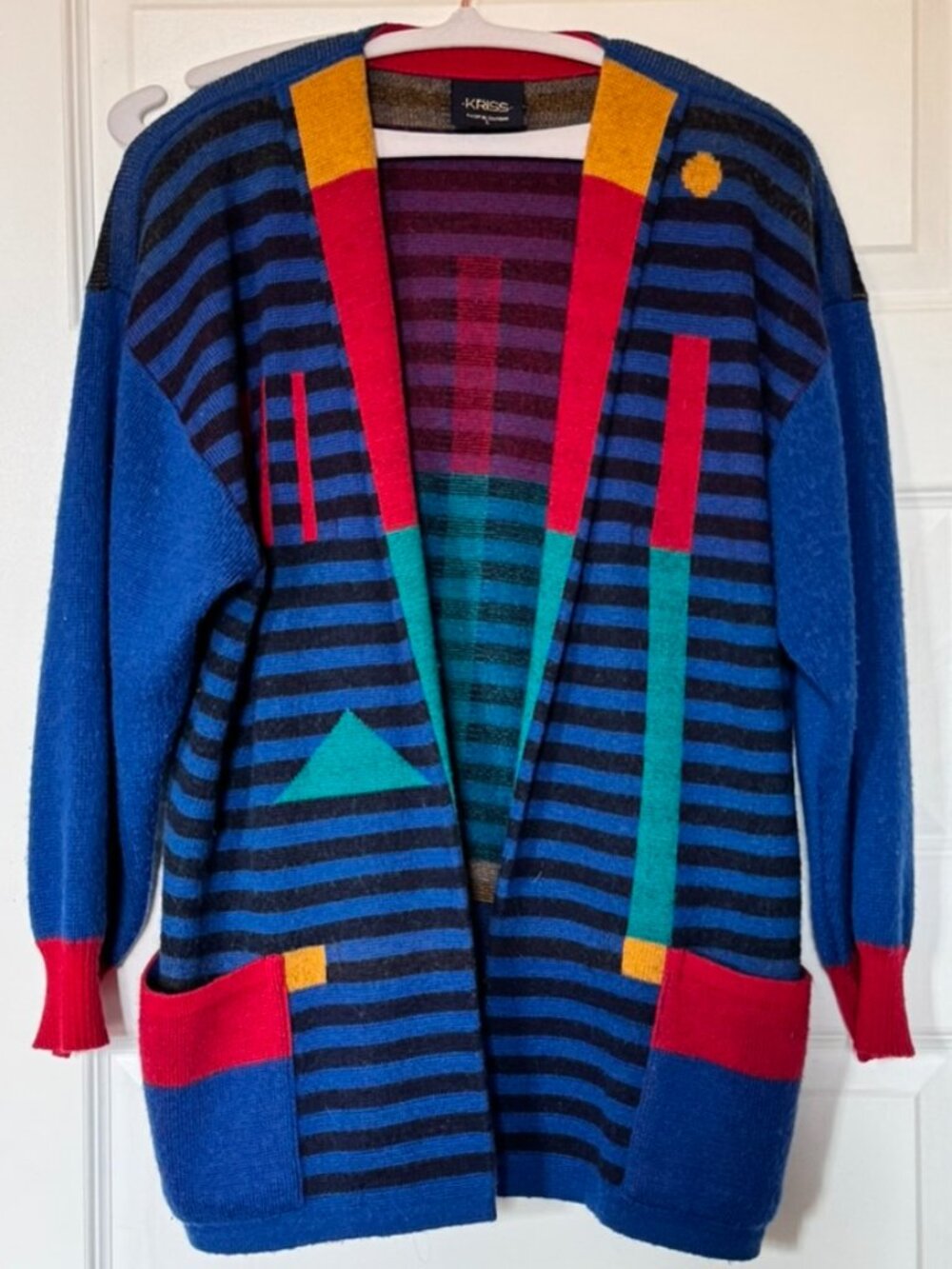 Vintage KRISS Sweden Geometric Wool Blend Cardigan Colorblock Striped Sweater L